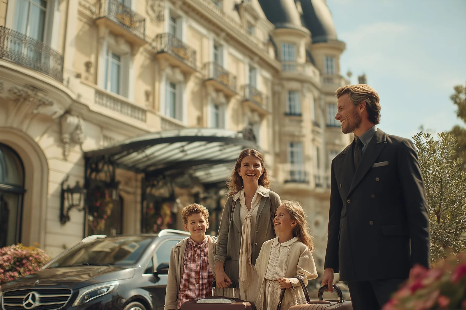 Famille avec chauffeur privé et véhicule pour un transfert vers Disneyland Paris